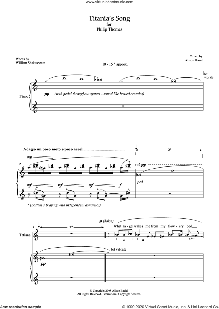Titania's Song (for soprano and piano) sheet music for voice and piano by Alison Bauld and William Shakespeare, classical score, intermediate skill level
