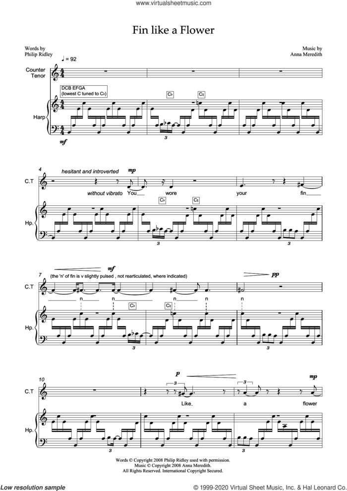Fin like a Flower (for counter-tenor and harp) sheet music for voice and piano by Anna Meredith and Philip Ridley, classical score, intermediate skill level