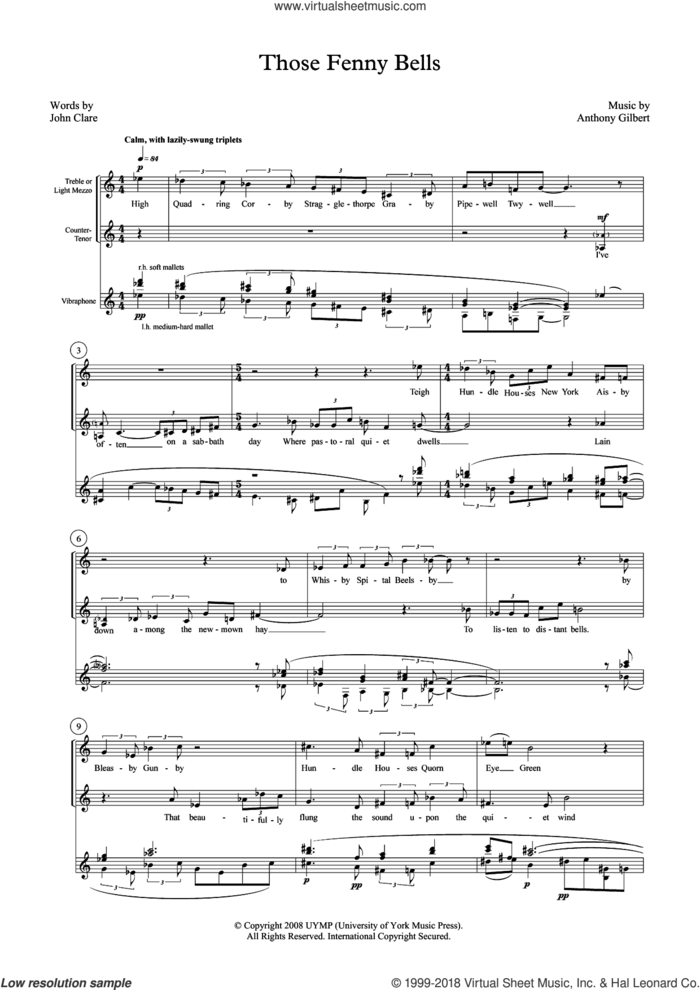 Those Fenny Bells (for mezzo-soprano, counter-tenor and vibraphone) sheet music for voice and piano by Anthony Gilbert and John Clare, classical score, intermediate skill level