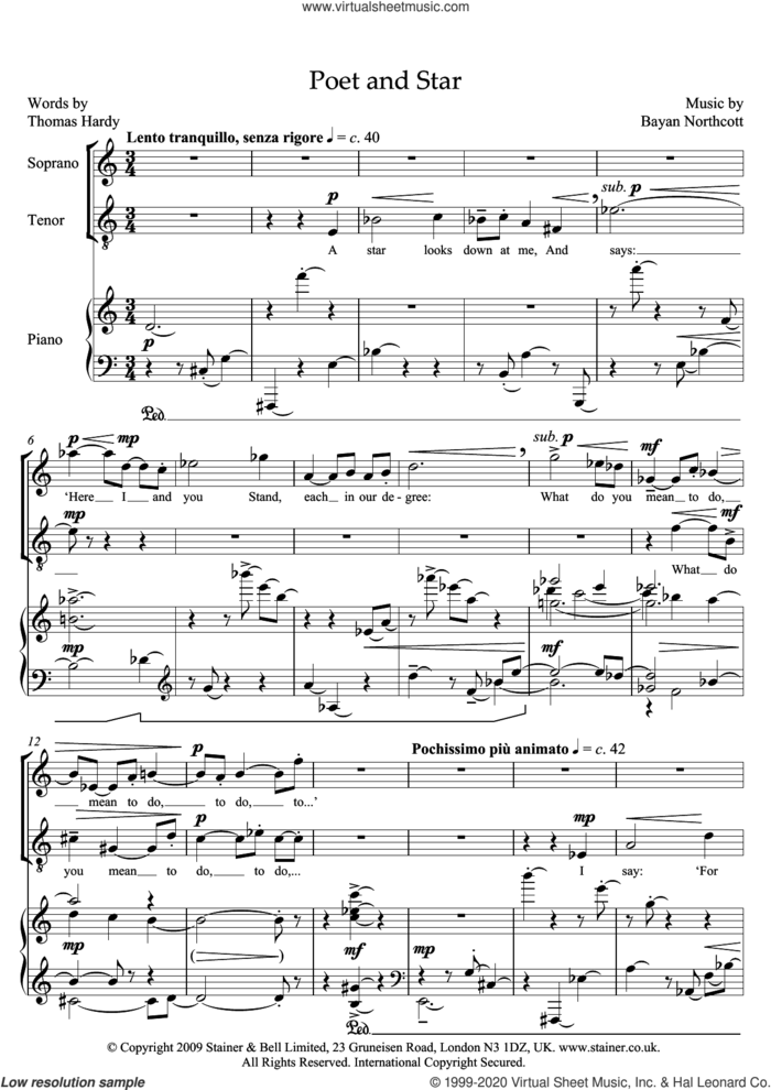Poet and Star (for soprano, tenor and piano) sheet music for voice and piano by Bayan Northcott and Thomas Hardy, classical score, intermediate skill level