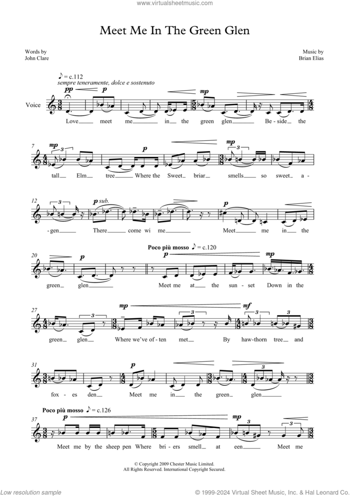 Meet Me in the Green Glen (for low voice) sheet music for voice and piano by Brian Elias and John Clare, classical score, intermediate skill level