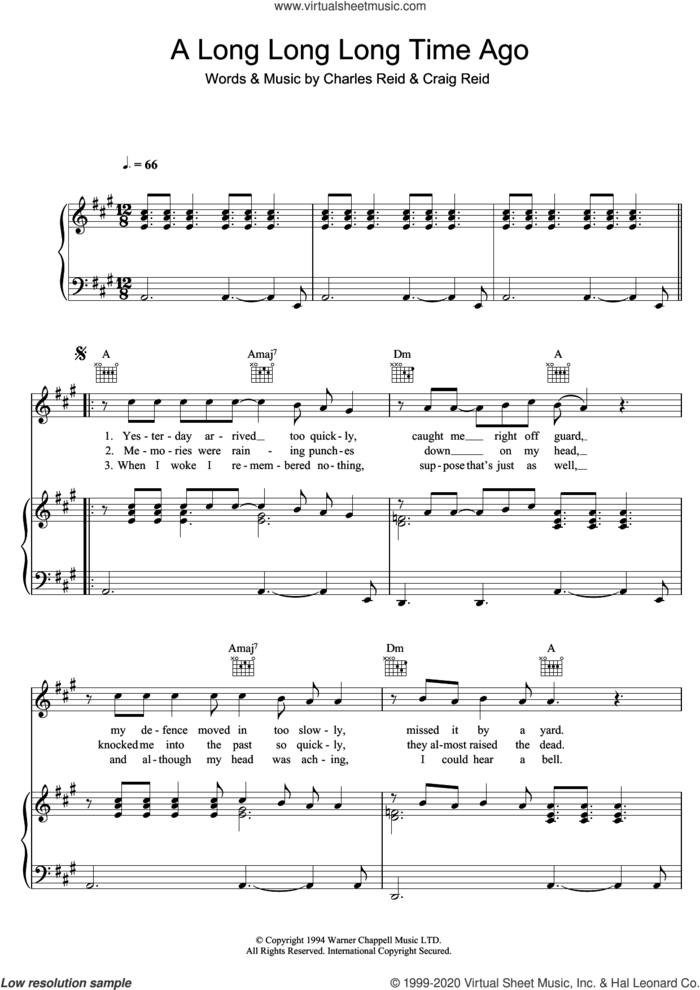 A Long Long Long Time Ago sheet music for voice, piano or guitar by The Proclaimers, Charles Reid and Craig Reid, intermediate skill level
