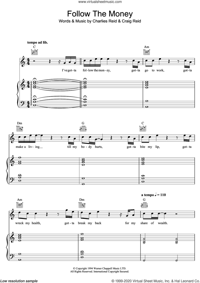 Follow The Money sheet music for voice, piano or guitar by The Proclaimers, Charles Reid and Craig Reid, intermediate skill level