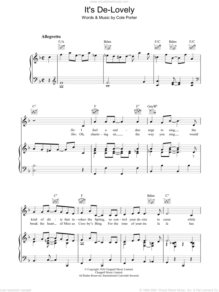 It's De-Lovely sheet music for voice, piano or guitar by Cole Porter, intermediate skill level