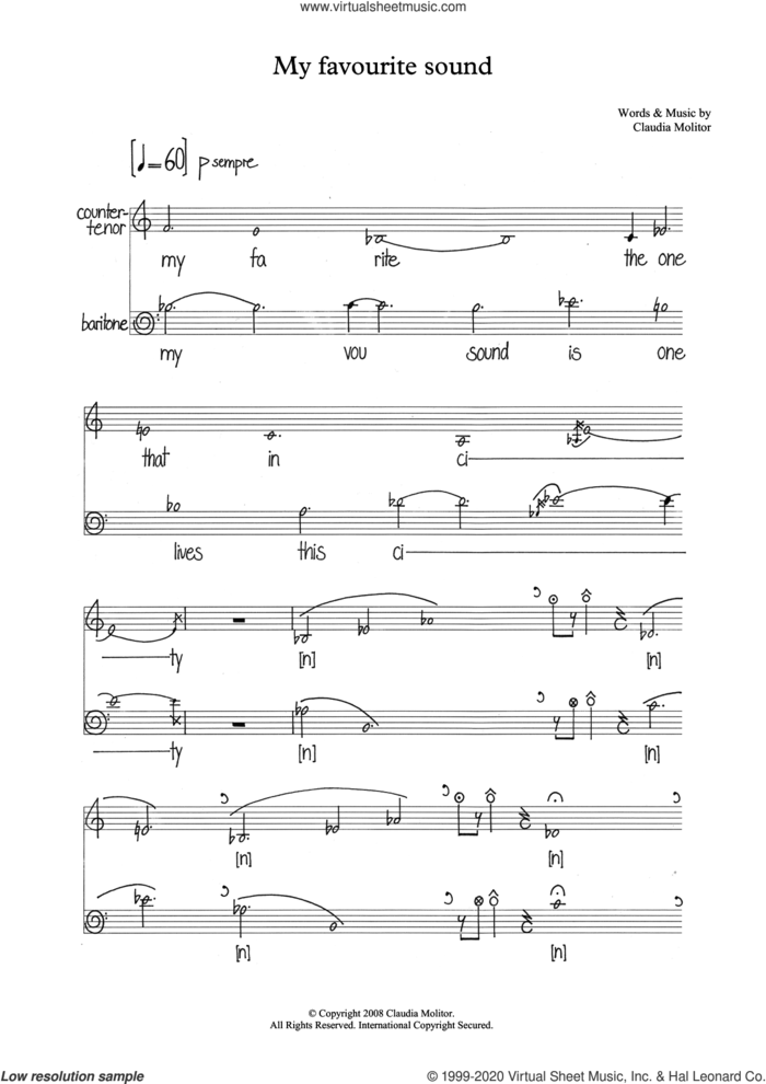 My favourite sound (for counter-tenor and baritone) sheet music for voice and piano by Claudia Molitor, classical score, intermediate skill level