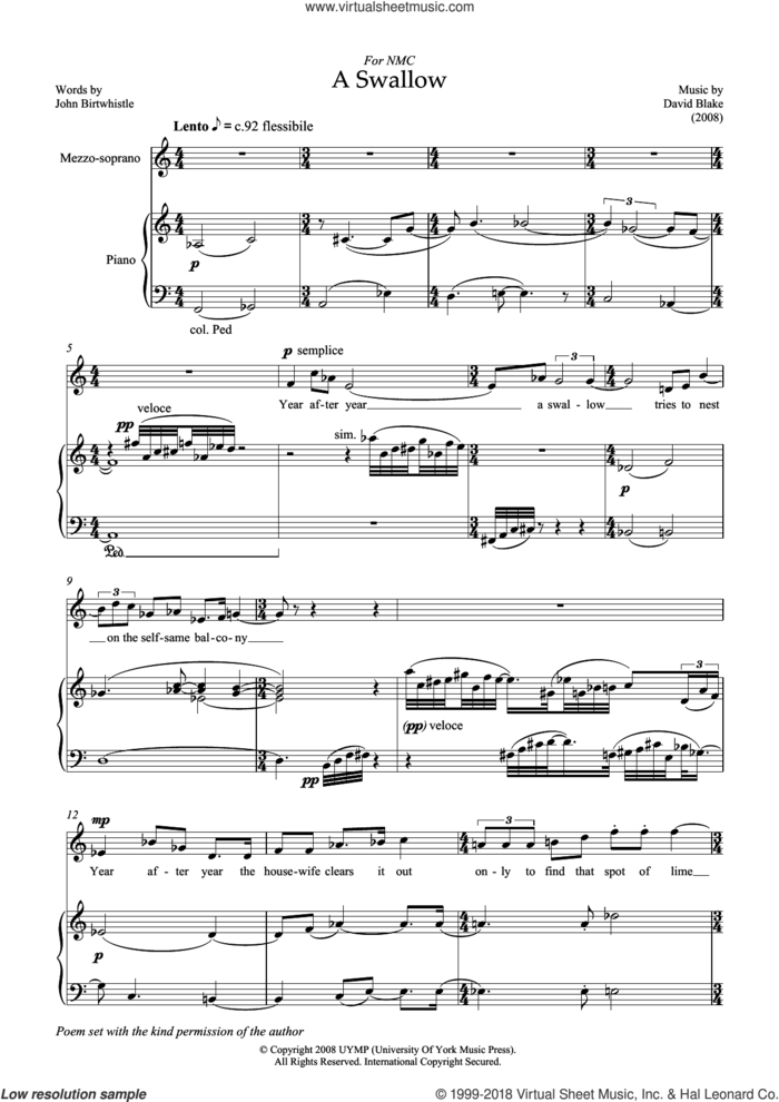 A Swallow (for mezzo-soprano and piano) sheet music for voice and piano by David Blake and John Birtwhistle, classical score, intermediate skill level