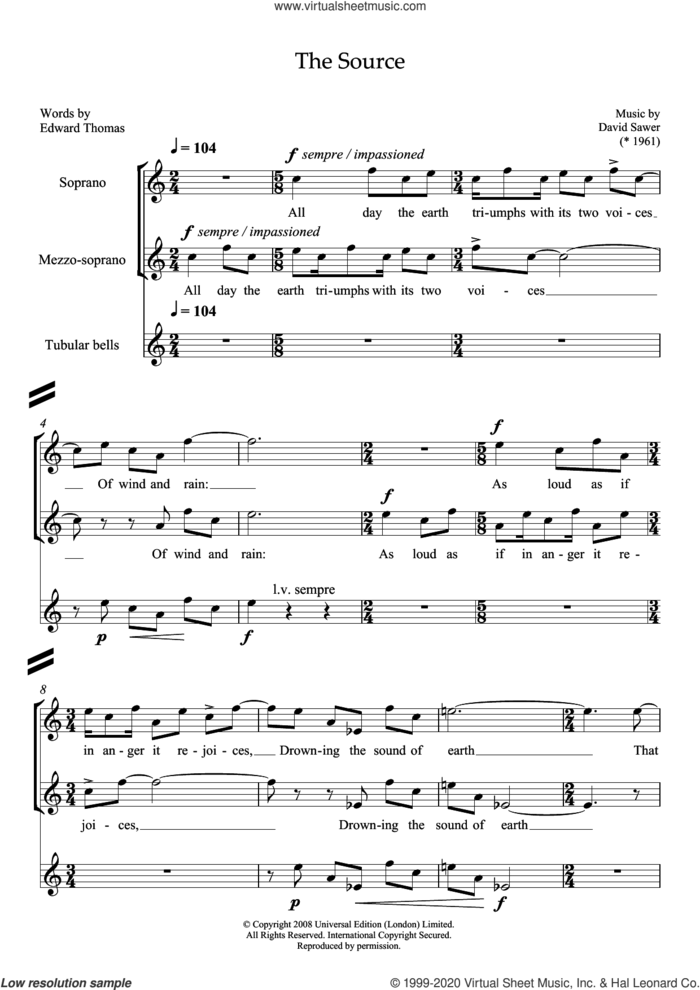 The Source (for soprano, mezzo-soprano and tubular bells) sheet music for voice and piano by David Sawer and Edward Thomas, classical score, intermediate skill level