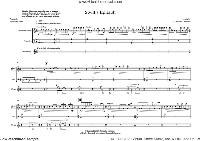 Swift's Epitaph (for counter-tenor and percussion) sheet music for voice and piano by Donnacha Dennehy and Jonathan Swift, classical score, intermediate skill level