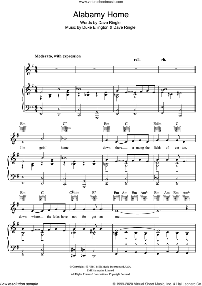 Alabamy Home sheet music for voice, piano or guitar by Duke Ellington and Dave Ringle, intermediate skill level