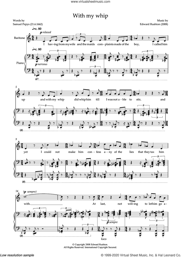 With my Whip (for baritone and piano) sheet music for voice and piano by Edward Rushton and Samuel Pepys, classical score, intermediate skill level