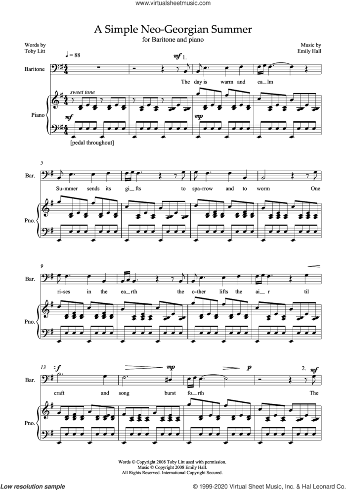 A Simple Neo-Georgian Summer (for baritone and piano) sheet music for voice and piano by Emily Hall and Toby Litt, classical score, intermediate skill level