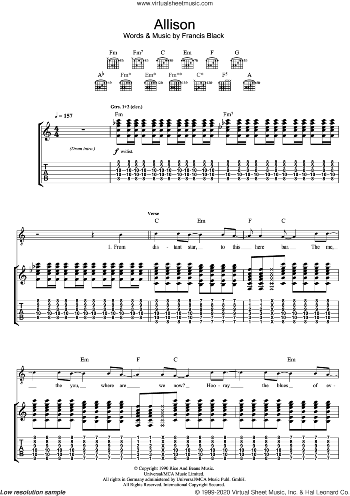 Allison sheet music for guitar (tablature) by The Pixies and Francis Black, intermediate skill level