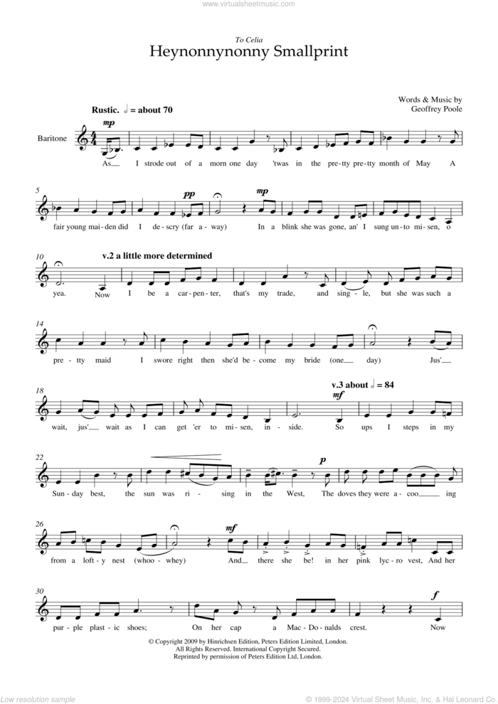 Heynonnynonny Smallprint (for baritone voice) sheet music for voice and piano by Geoffrey Poole, classical score, intermediate skill level