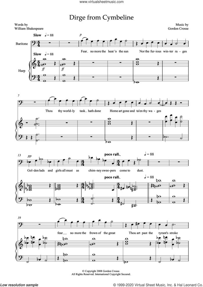 Dirge from Cymbeline (for baritone and harp) sheet music for voice and piano by Gordon Crosse and William Shakespeare, classical score, intermediate skill level