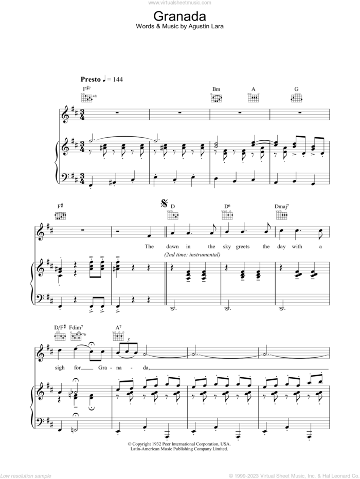 Granada sheet music for voice, piano or guitar by Katherine Jenkins and Agustin Lara, classical score, intermediate skill level