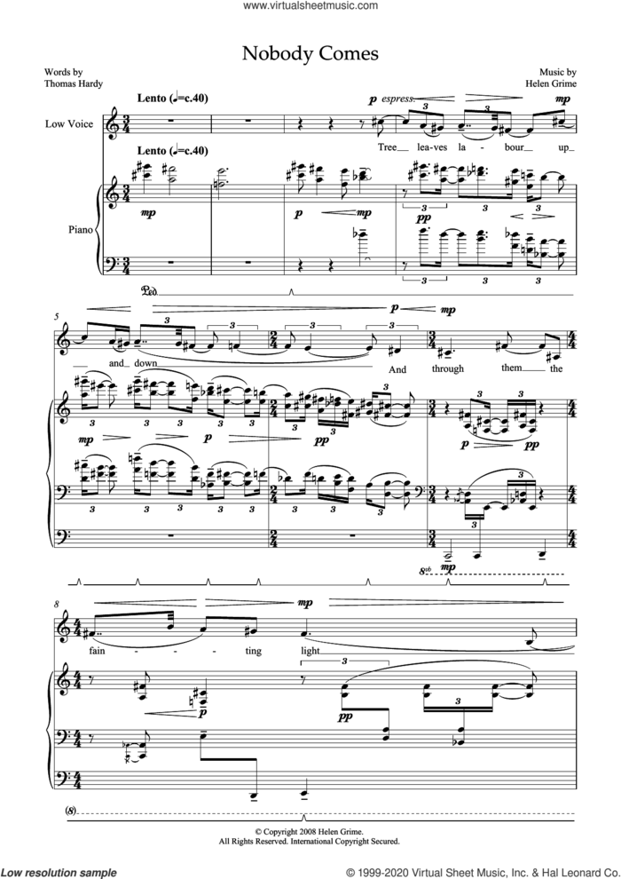 Nobody Comes (for low voice and piano) sheet music for voice and piano by Helen Grime and Thomas Hardy, classical score, intermediate skill level