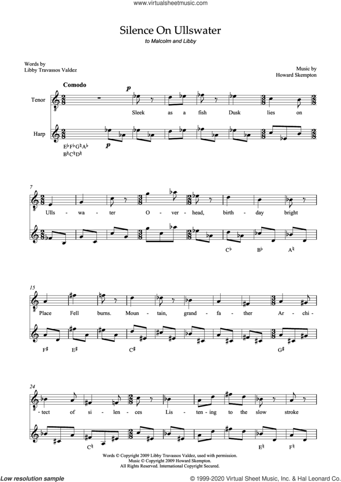Silence on Ullswater (for tenor and harp) sheet music for voice and piano by Howard Skempton and Libby Travassos Valdez, classical score, intermediate skill level