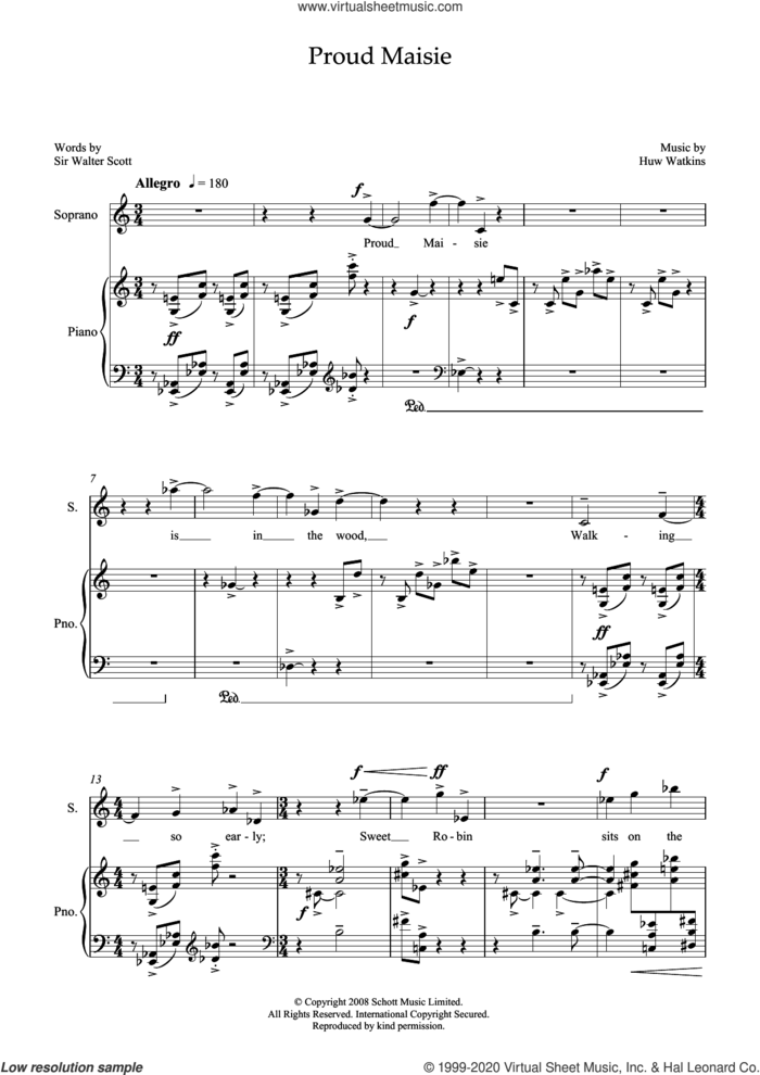 Proud Maisie (for soprano and piano) sheet music for voice and piano by Huw Watkins and Sir Walter Scott, classical score, intermediate skill level
