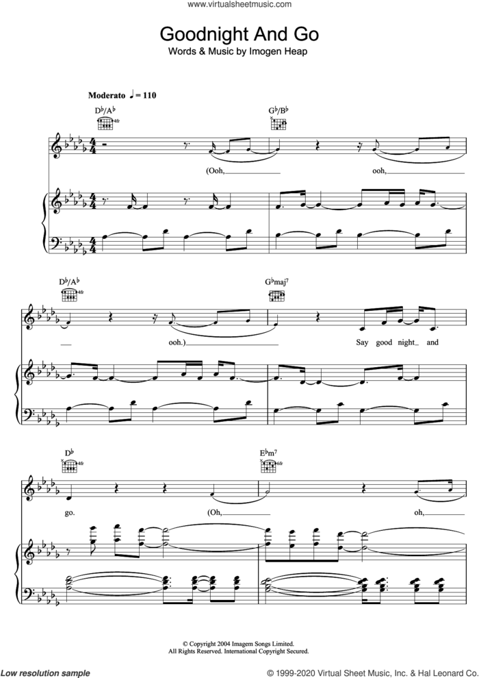 Goodnight And Go sheet music for voice, piano or guitar by Imogen Heap, intermediate skill level