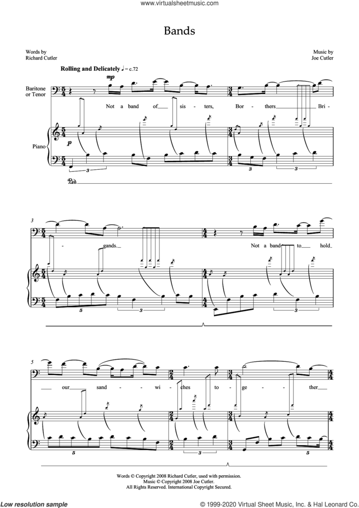 Bands (for tenor and piano) sheet music for voice and piano by Joe Cutler and Richard Cutler, classical score, intermediate skill level