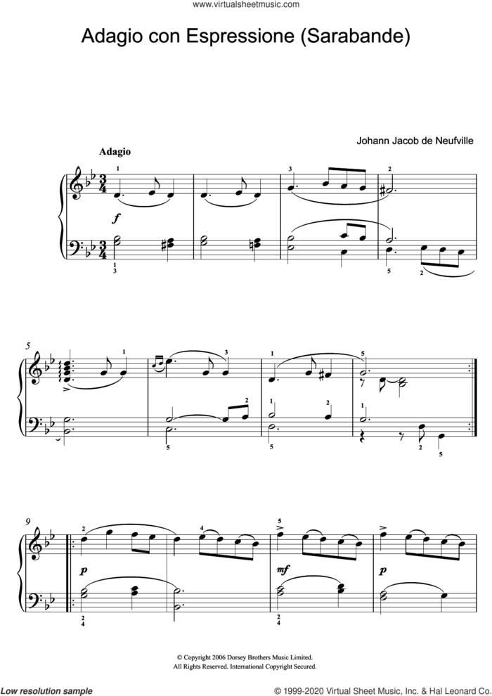 Adagio Con Espressione (Sarabande) sheet music for piano solo by Johann Jacob de Neufville, classical score, intermediate skill level