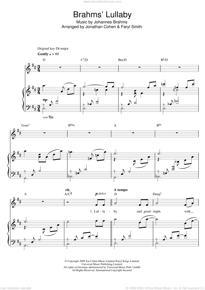 Brahms' Lullaby sheet music for voice and piano by Faryl Smith and Johannes Brahms, classical score, intermediate skill level