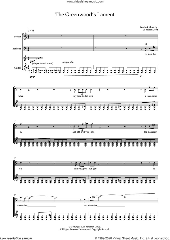 The Greenwood's Lament (for mezzo-soprano, baritone and guitar) sheet music for voice and piano by Jonathan Lloyd, classical score, intermediate skill level