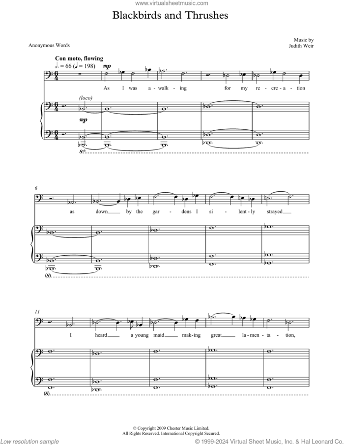 Blackbirds and Thrushes (for bass/baritone and piano) sheet music for voice and piano by Judith Weir and Anonymous, classical score, intermediate skill level