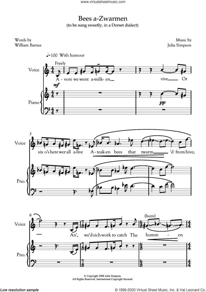 Bees a-zwarmen (for mezzo-soprano and piano) sheet music for voice and piano by Julia Simpson and William Barnes, classical score, intermediate skill level