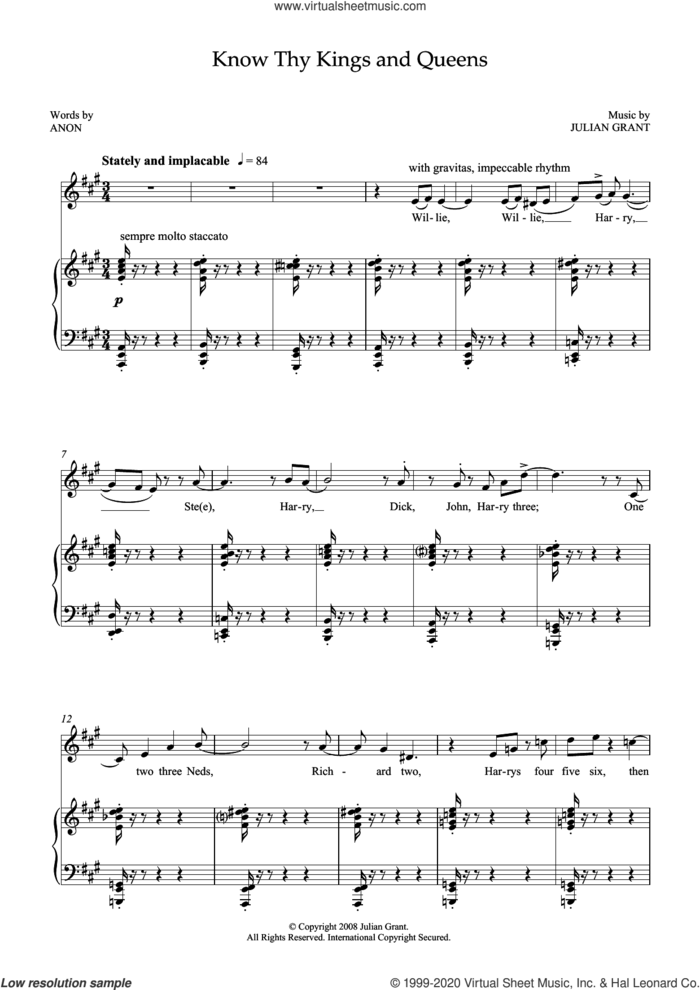 Know Thy Kings and Queens (for mezzo-soprano and piano) sheet music for voice and piano by Julian Grant and Anonymous, classical score, intermediate skill level