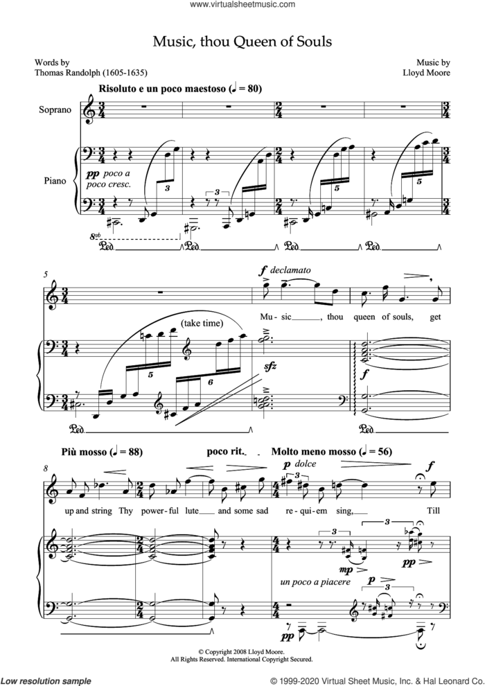 Music, thou Queen of Souls (for soprano and piano) sheet music for voice and piano by Lloyd Moore and Thomas Randolph, classical score, intermediate skill level
