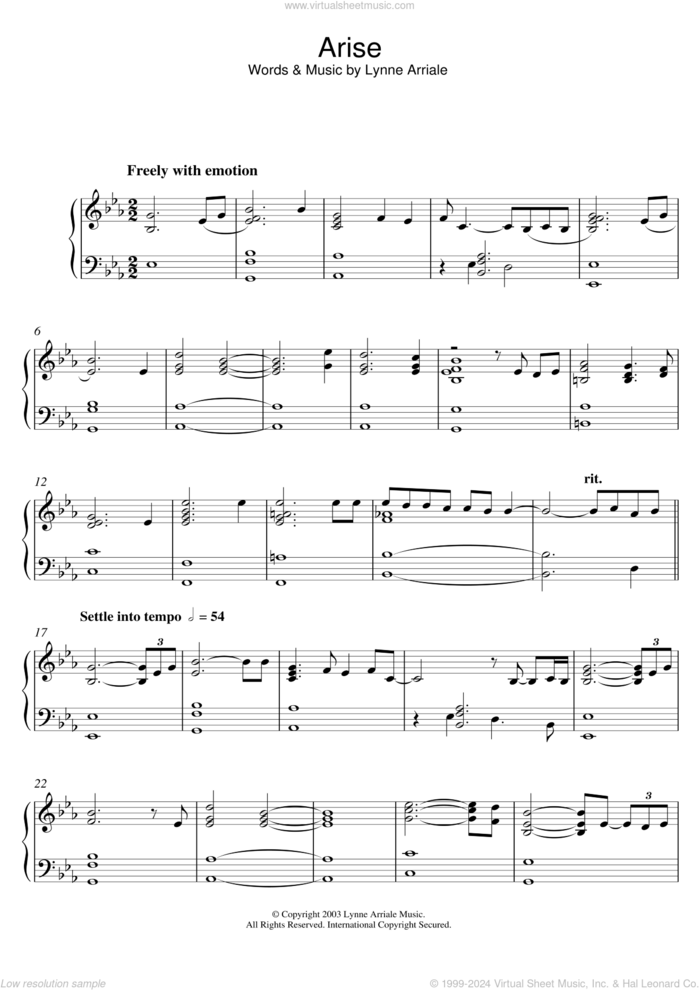 Arise sheet music for piano solo by Lynne Arriale, intermediate skill level