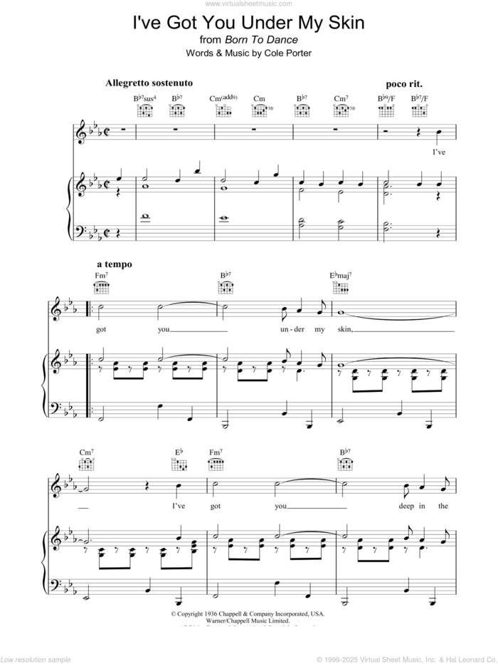 I've Got You Under My Skin sheet music for voice, piano or guitar by Cole Porter, intermediate skill level