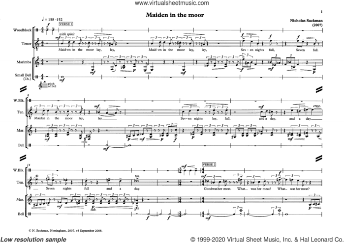 Maiden in the moor (for tenor and percussion) sheet music for voice and piano by Nicholas Sackman and Anonymous, classical score, intermediate skill level