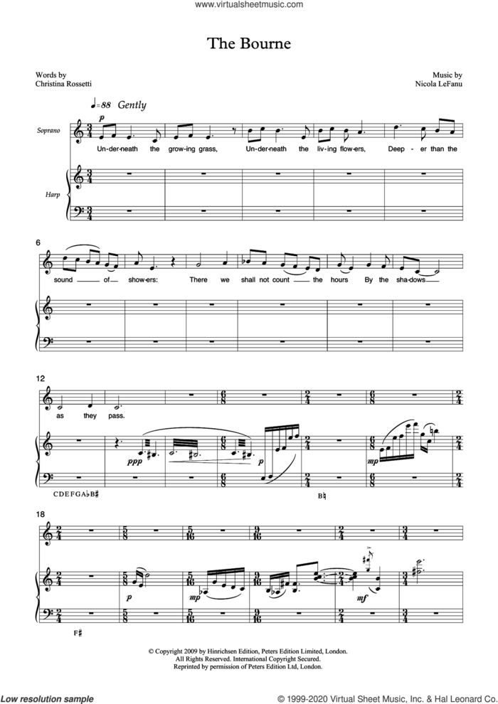 The Bourne (for soprano and harp) sheet music for voice and piano by Nicola Lefanu and Christina Rossetti, classical score, intermediate skill level