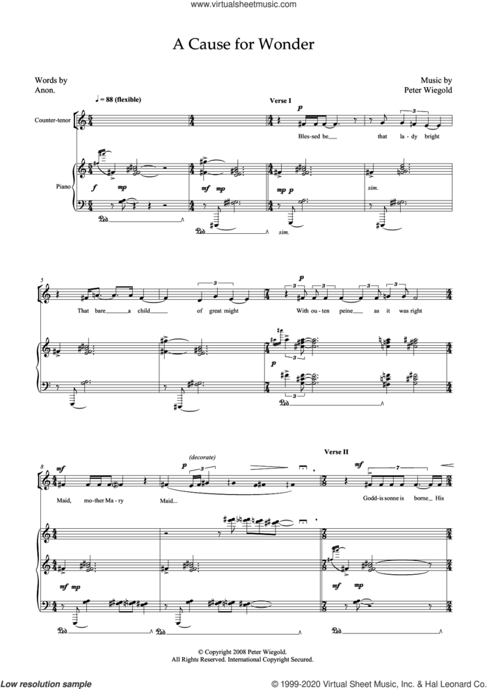 A Cause for Wonder (for counter-tenor and piano) sheet music for voice and piano by Peter Wiegold and Anonymous, classical score, intermediate skill level