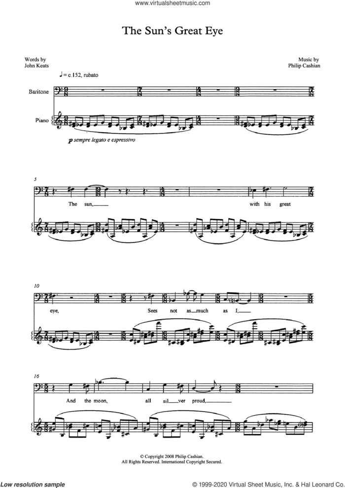 The Sun's Great Eye (for baritone and piano) sheet music for voice and piano by Philip Cashian and John Keats, classical score, intermediate skill level
