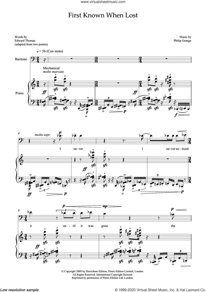 First Known When Lost (for baritone and piano) sheet music for voice and piano by Philip Grange and Edward Thomas, classical score, intermediate skill level