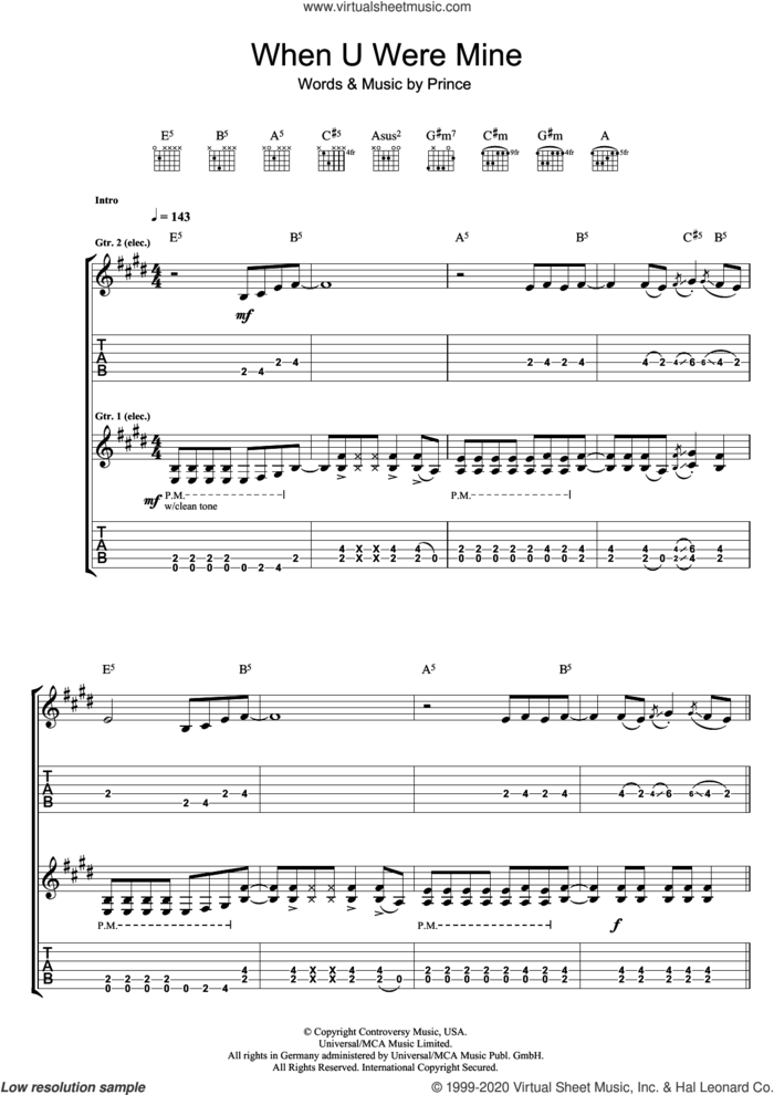 When U Were Mine sheet music for guitar (tablature) by Prince, intermediate skill level