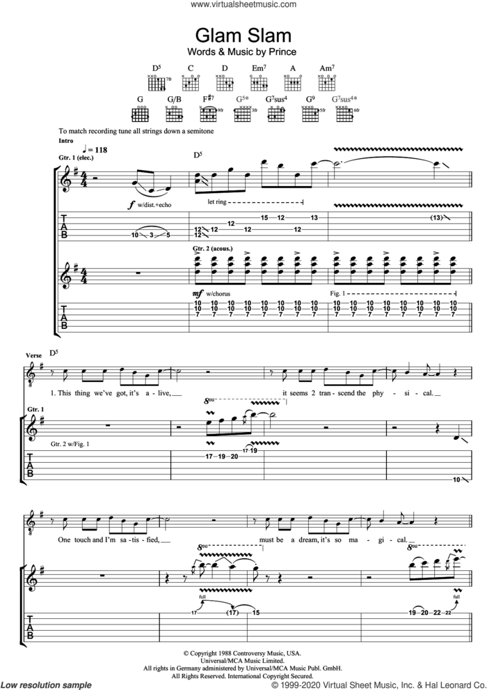 Glam Slam sheet music for guitar (tablature) by Prince, intermediate skill level