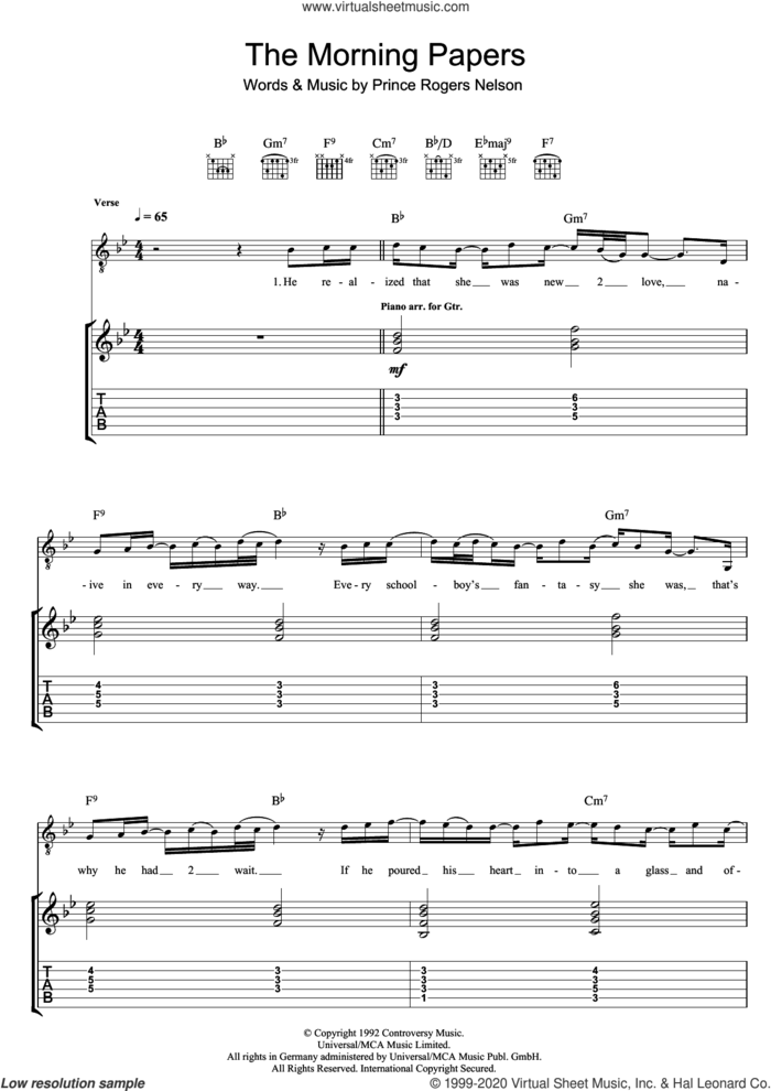 The Morning Papers sheet music for guitar (tablature) by Prince & The New Power Generation and Prince Rogers Nelson, intermediate skill level