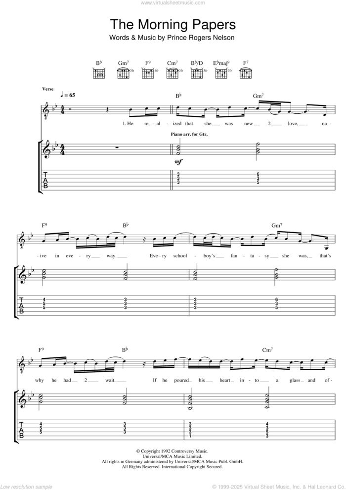 The Morning Papers sheet music for guitar (tablature) by Prince & The New Power Generation and Prince Rogers Nelson, intermediate skill level