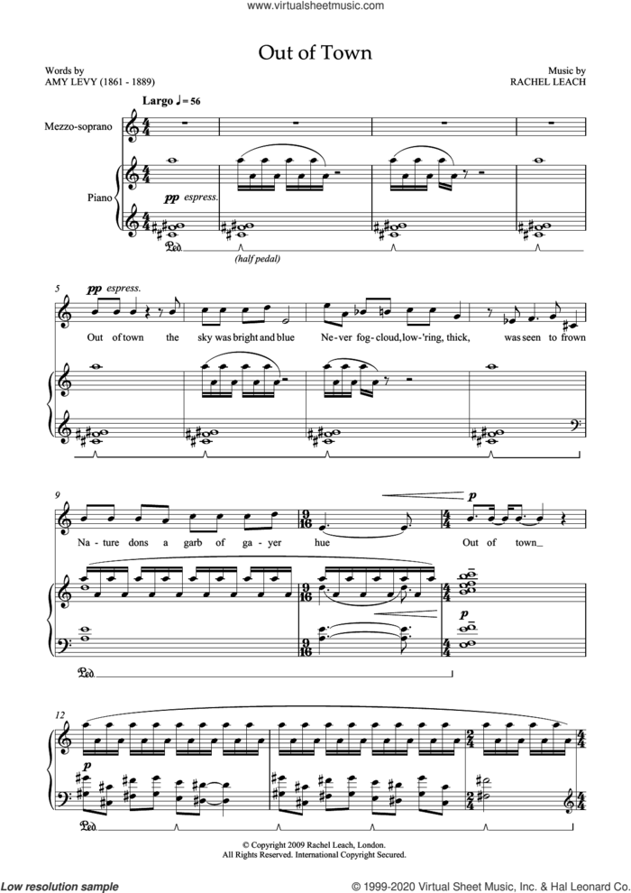 Out of Town (for soprano and piano) sheet music for voice and piano by Rachel Leach and Amy Levy, classical score, intermediate skill level
