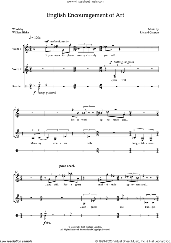 English Encouragement of Art (for soprano, mezzo-soprano and percussion) sheet music for voice and piano by Richard Causton and William Blake, classical score, intermediate skill level