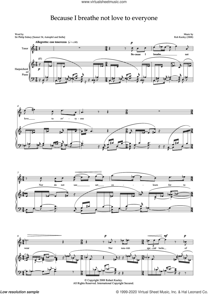 Because I breathe not love to everyone (for tenor and harpsichord) sheet music for voice and piano by Robert Keeley and Sir Philip Sidney, classical score, intermediate skill level