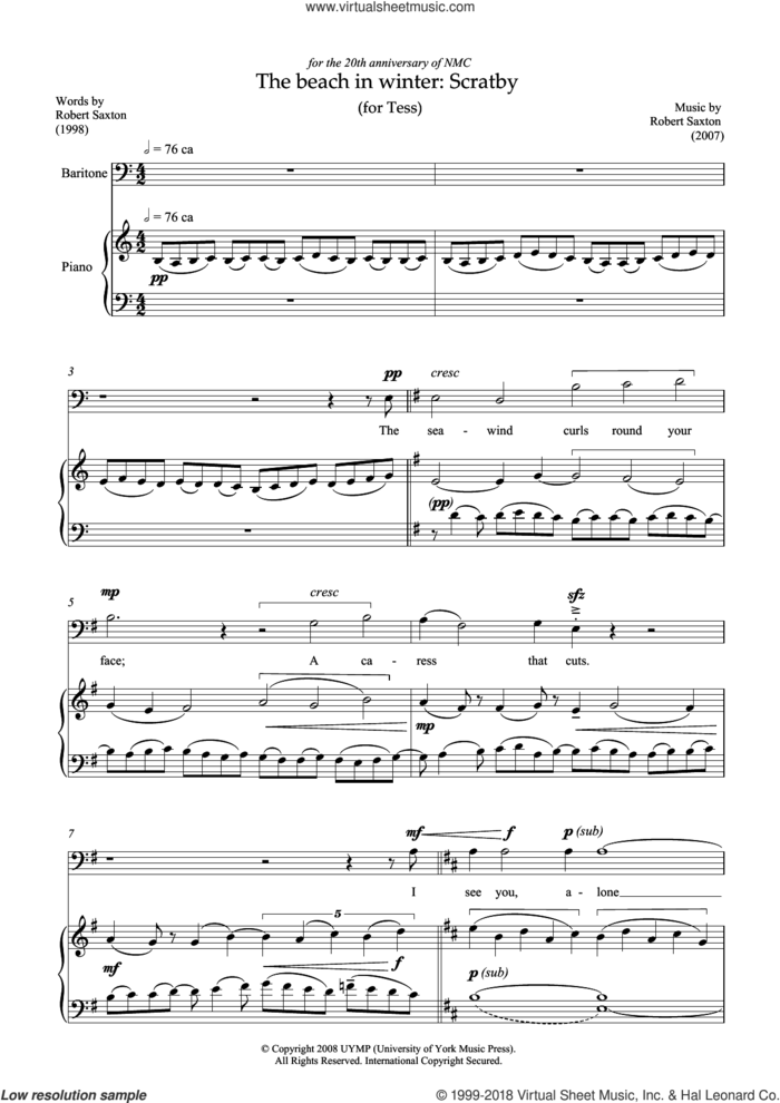 The beach in winter: Scratby (for baritone and piano) sheet music for voice and piano by Robert Saxton, classical score, intermediate skill level