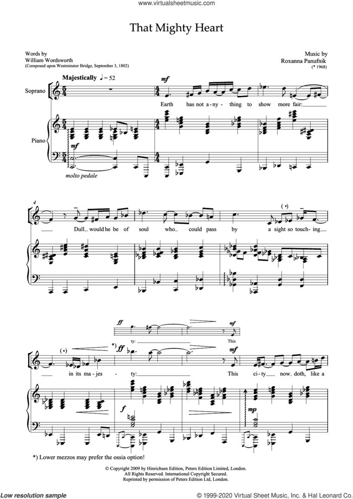 That Mighty Heart (for soprano and piano) sheet music for voice and piano by Roxanna Panufnik and William Wordsworth, classical score, intermediate skill level