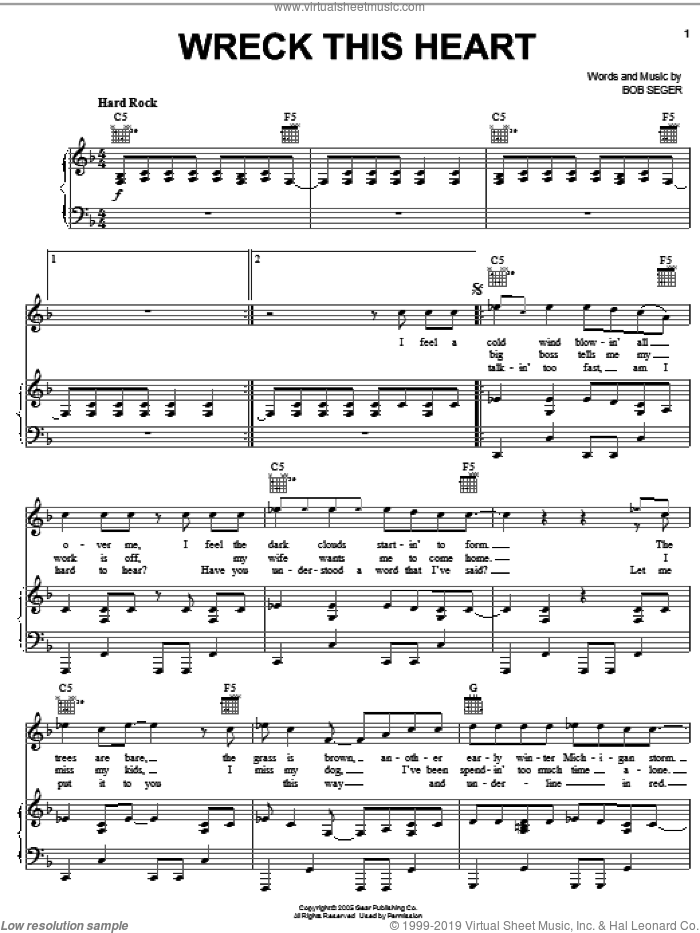 Wreck This Heart sheet music for voice, piano or guitar by Bob Seger, intermediate skill level