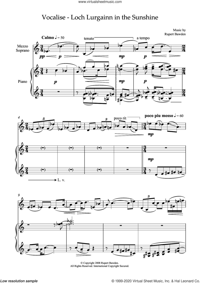 Vocalise - Loch Lurgainn in the Sunshine (for mezzo-soprano and piano) sheet music for voice and piano by Rupert Bawden, classical score, intermediate skill level