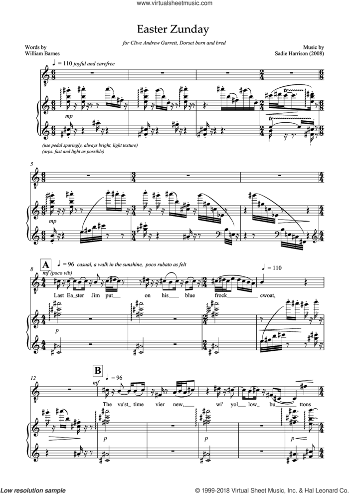 Easter Zunday (for tenor and piano) sheet music for voice and piano by Sadie Harrison and William Barnes, classical score, intermediate skill level